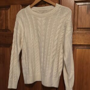 LOFT White Crew Neck Cable Knit Sweater